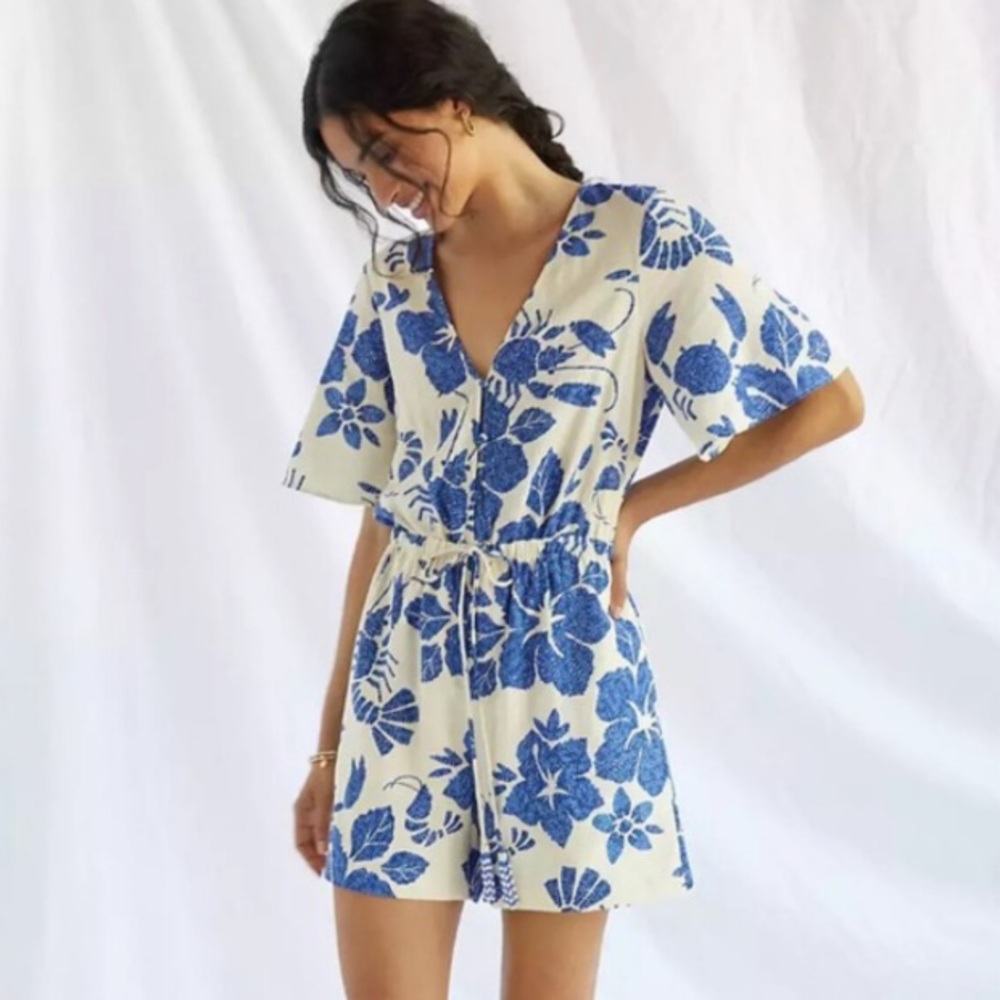 FARM Rio Cream Romper with Bold Blue Floral Print